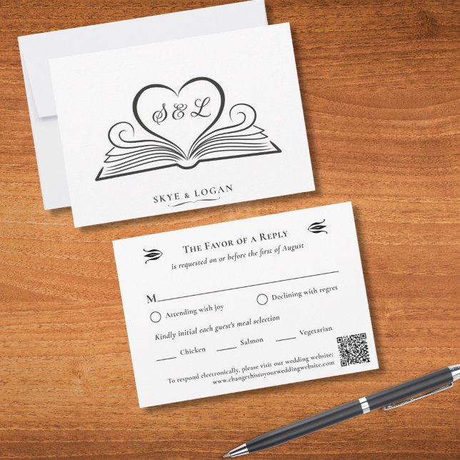 Bookish Heart Monogram Library Wedding RSVP Card (RSVP Response card with meal choices and QR code)