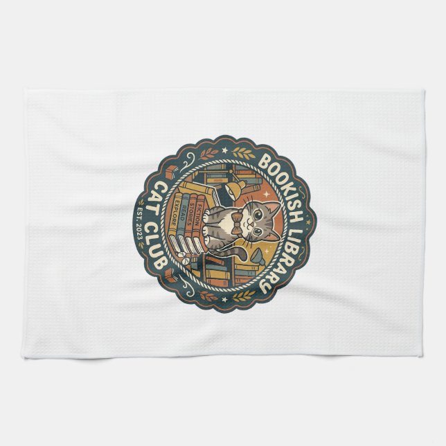 Bookish Library Cat POD Vector Art - Bookish Libra Tea Towel (Horizontal)