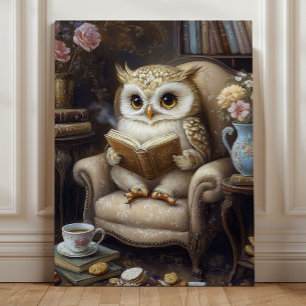 Bookish Owl in the Library – Whimsical Reading Owl Canvas Print