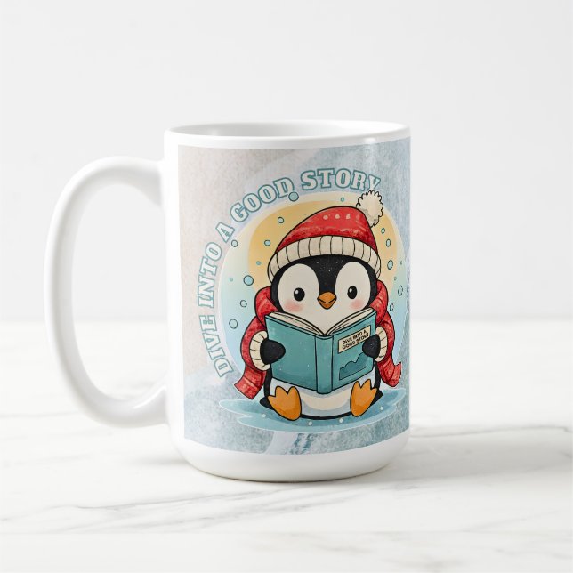 Bookish Penguin Adventure Large Coffee Tea Mug (Left)