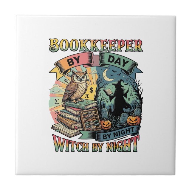 Bookkeeper Day Witch Night Halloween Owl Books Pum Tile (Front)