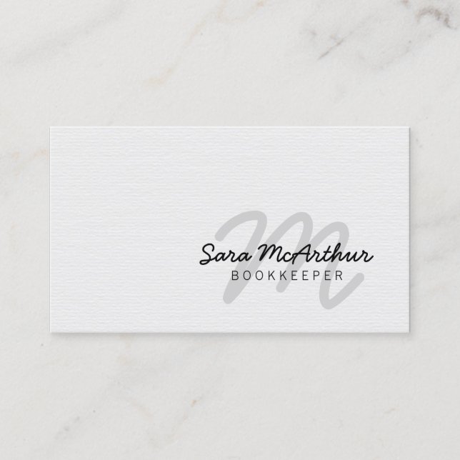 Bookkeeper Finance White Paper Cursive Monogram Business Card (Front)