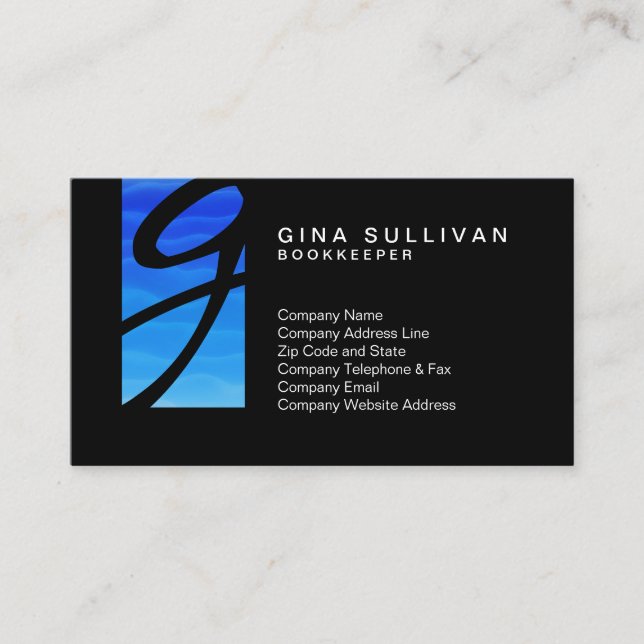 Bookkeeper Financial Services Blue Wave Monogram Business Card (Front)