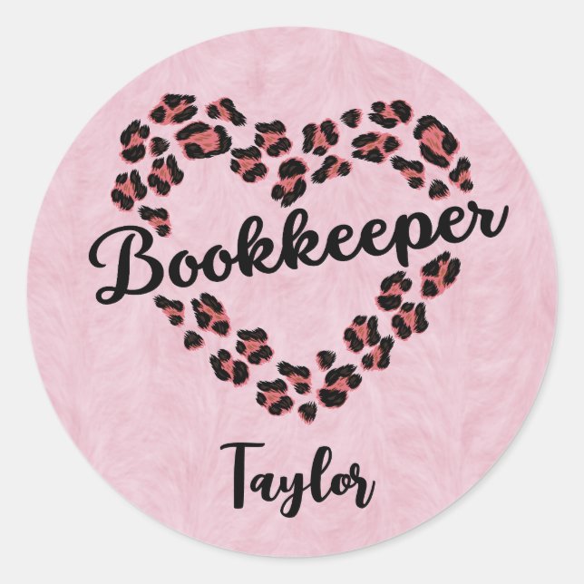 Bookkeeper Leopard Heart Frame Pink Classic Round Sticker (Front)