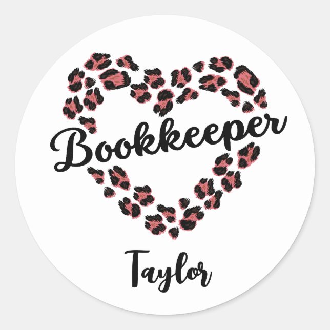 Bookkeeper Leopard Heart Frame White Classic Round Sticker (Front)