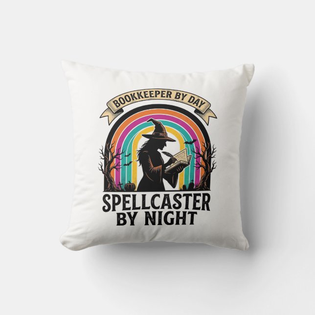 Bookkeeper Witch Retro Halloween Accounting Design Cushion (Front)