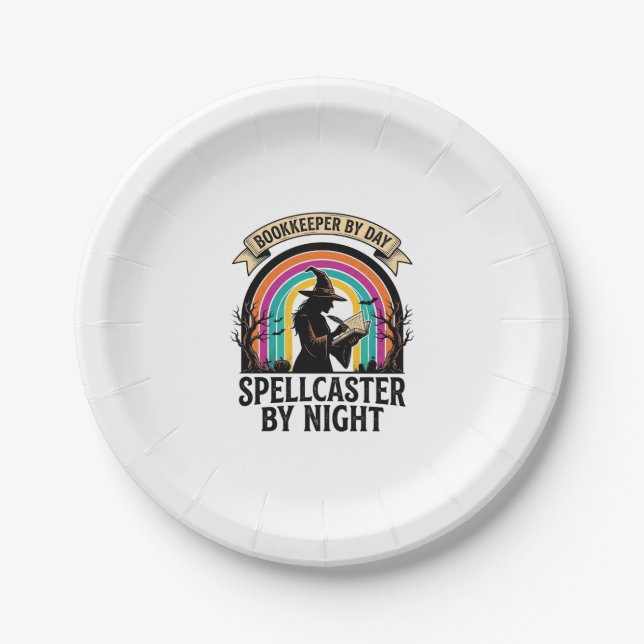 Bookkeeper Witch Retro Halloween Accounting Design Paper Plate (Front)