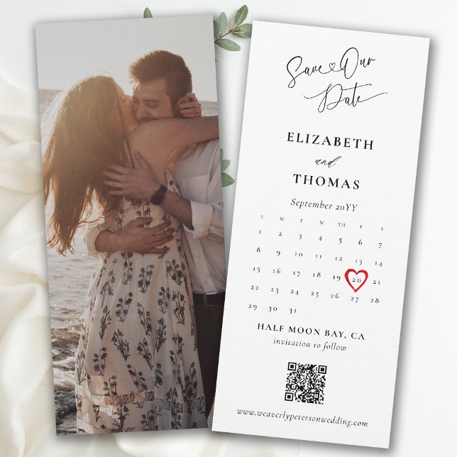 Bookmark Calendar Heart Modern Calligraphy Wedding Save The Date (bookmark wedding save the date card photo qr code calendar red heart modern elegant calligraphy)