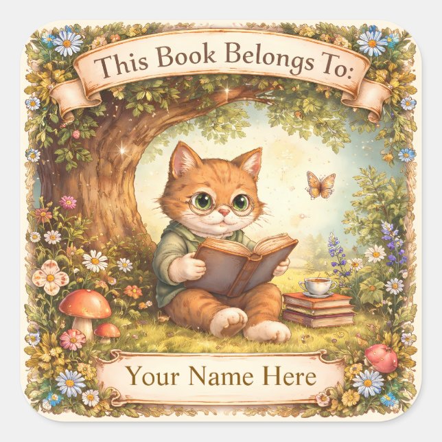 Bookplate - Cat Reading a Book Under a Tree Square Sticker (Front)