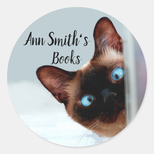 Bookplate to Customise Funny Peeking Cat Classic Round Sticker (Front)