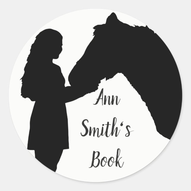 Bookplate to Customise Girl & Horse Silhouette Classic Round Sticker (Front)