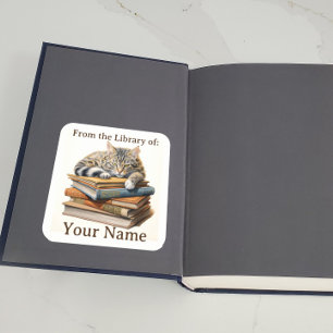 Bookplate with Cat on Books Square Sticker
