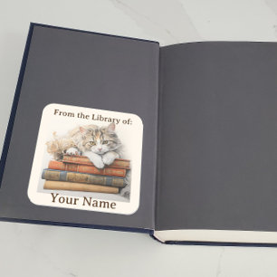 Bookplate with Cat Relaxing on Books Square Sticker