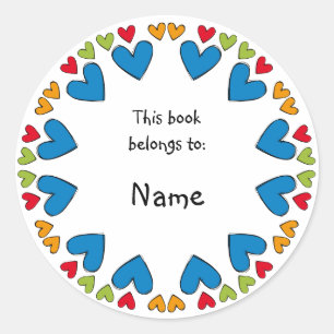 Bookplate with colourful hearts classic round sticker