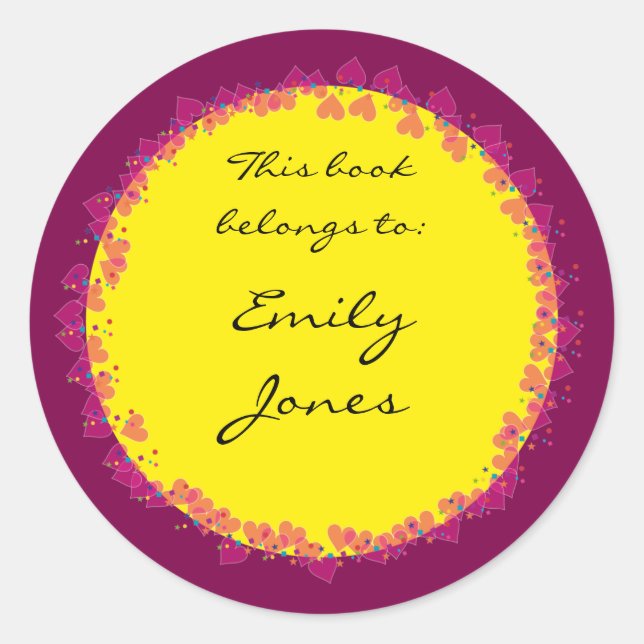 Bookplate with cute hearts classic round sticker (Front)