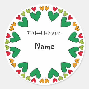 Bookplate with green and red cute heart border classic round sticker