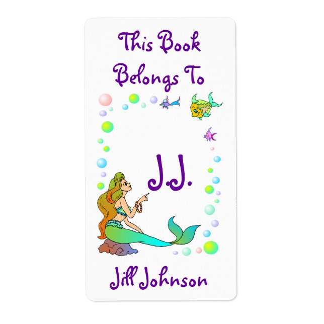 Bookplates Sea Mermaid Points @ Initials Labels (Front)