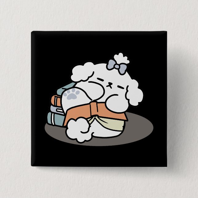 Books and Barks – Cute Sleepy Dog Reading Design 15 Cm Square Badge (Front)