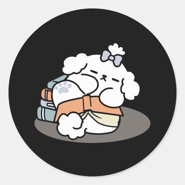 Books and Barks – Cute Sleepy Dog Reading Design Classic Round Sticker (Front)