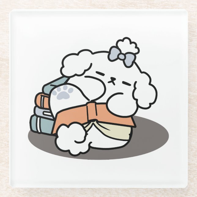 Books and Barks – Cute Sleepy Dog Reading Design Glass Coaster (Front)