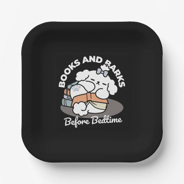 Books and Barks – Cute Sleepy Dog Reading Design Paper Plate (Front)