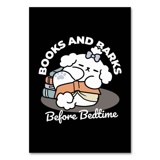 Books and Barks – Cute Sleepy Dog Reading Design Table Number (Front)