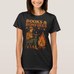 Books And Bonfires Cosy Campfire Reading Retro Fal T-Shirt