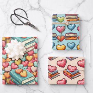 Books and Candy Hearts Valentine's Day Wrapping Paper Sheet
