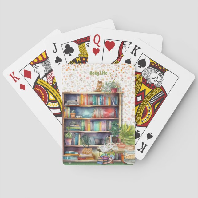 Books and Cat Lovers Hygge Birthday Retirement   Playing Cards (Back)