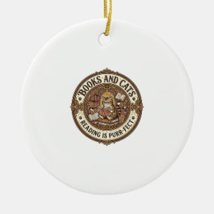 Books And Cats Cat Books Reading Vintage Vector Ar Ceramic Tree Decoration
