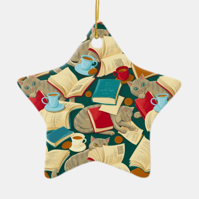 Books and cats ceramic tree decoration (Front)