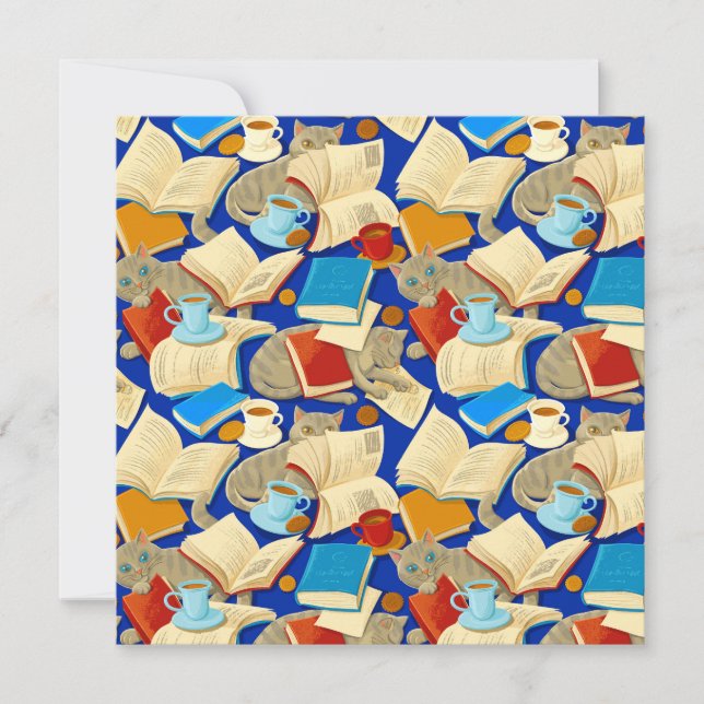 Books and cats on blue card (Front)