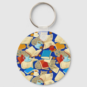 Books and cats on blue key ring