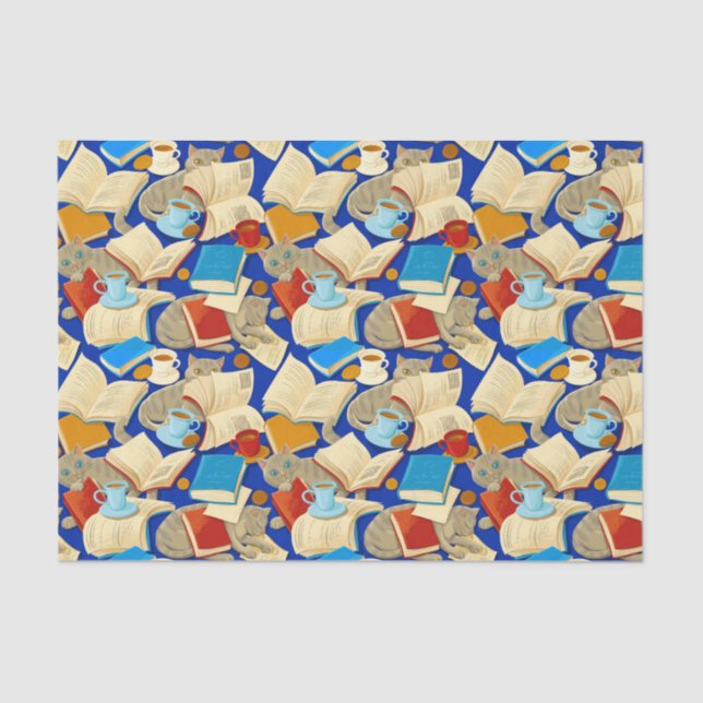 Books and cats on blue tissue paper (Front)