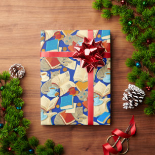 Books and cats on blue wrapping paper