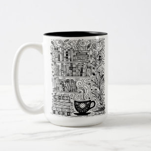 Books And Coffee Colour Me Doodle 2 Two-Tone Coffee Mug