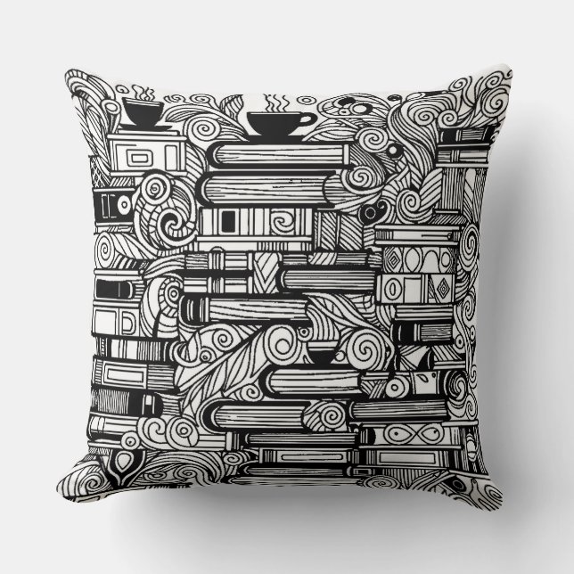 Books And Coffee Colour Me Doodle   Cushion (Front)
