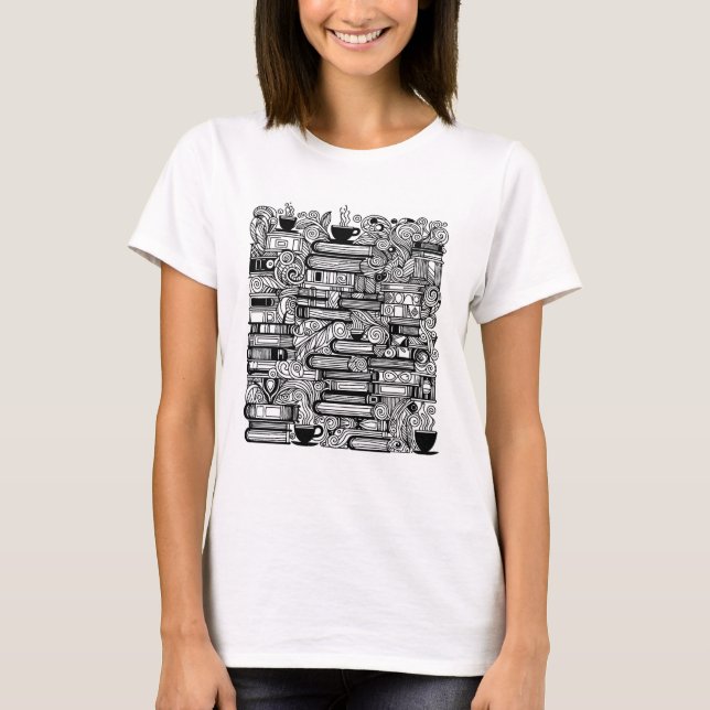 Books And Coffee Colour Me Doodle   T-Shirt (Front)