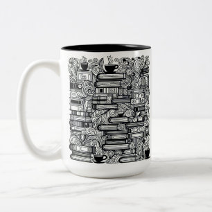 Books And Coffee Colour Me Doodle Two-Tone Coffee Mug