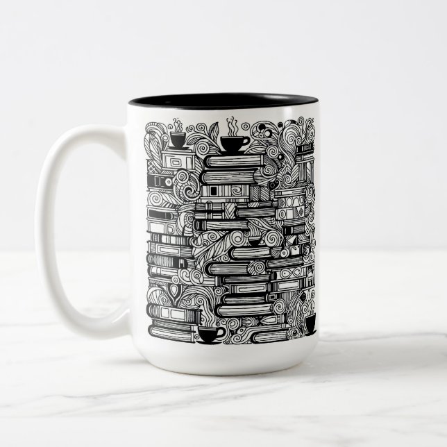 Books And Coffee Colour Me Doodle Two-Tone Coffee Mug (Left)