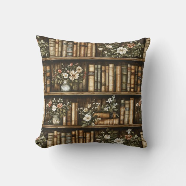 Books and Flowers Throw Pillow (Front)