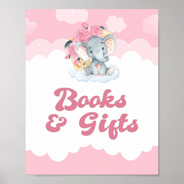 Books and Gift Pink Elephant Girl Baby Shower Sign (Front)