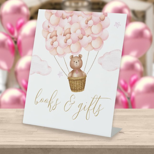 Books And Gifts Bear Cub Pink Balloons Baby Shower Pedestal Sign (Creator Uploaded)