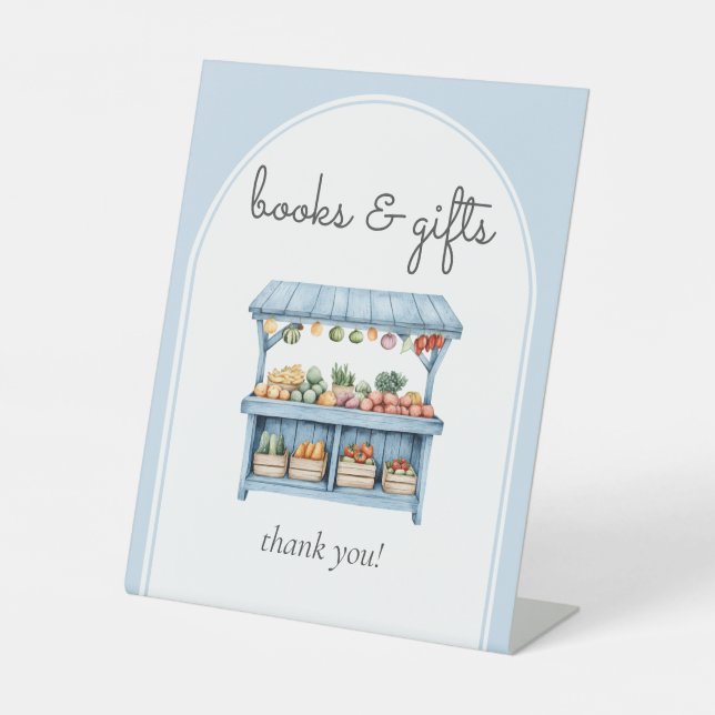 Books and Gifts Blue Farmers Market Baby Shower Pedestal Sign (Front)