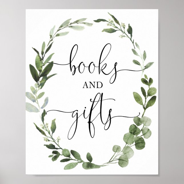 Books and gifts greenery wreath baby shower sign (Front)