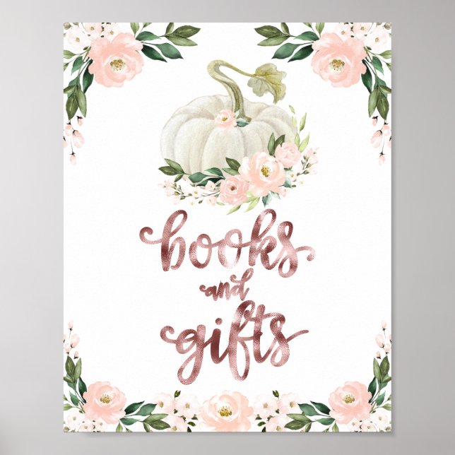 Books and Gifts Pumpkin Floral Baby Shower Sign (Front)