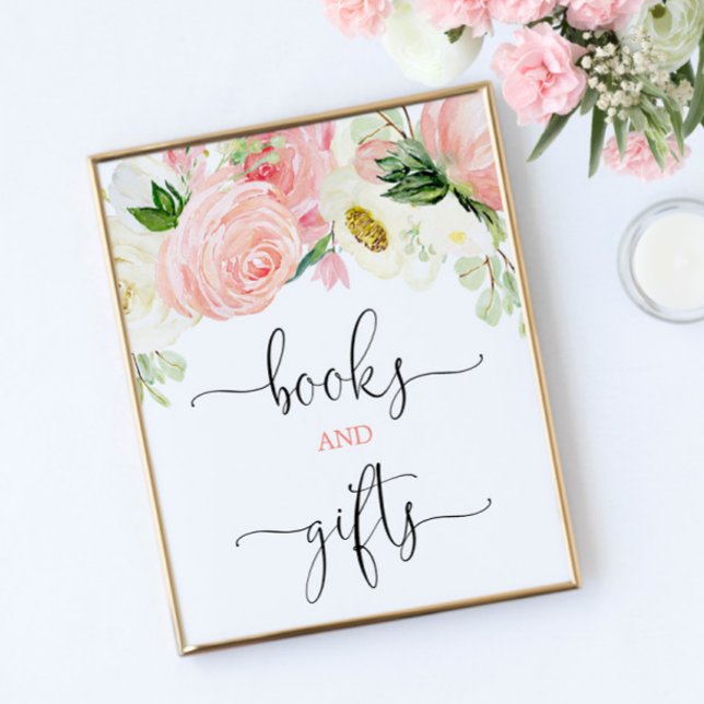 Books and gifts sign pink gold elegant floral (Creator Uploaded)