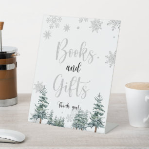 Books and Gifts sign, winter silver glitter sign