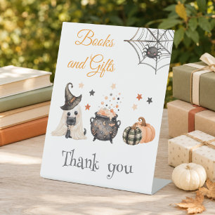 Books and Gifts Table Halloween Gender Reveal Pedestal Sign