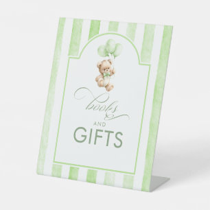 Books and Gifts Teddy Bear Green Baby Shower Pedestal Sign